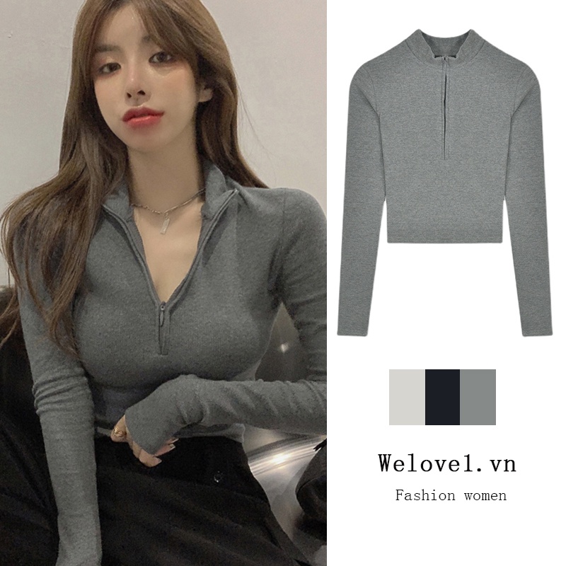 Áo thun lửng tay dài khóa kéo màu trơn thời trang hàn quốc dành cho nữ