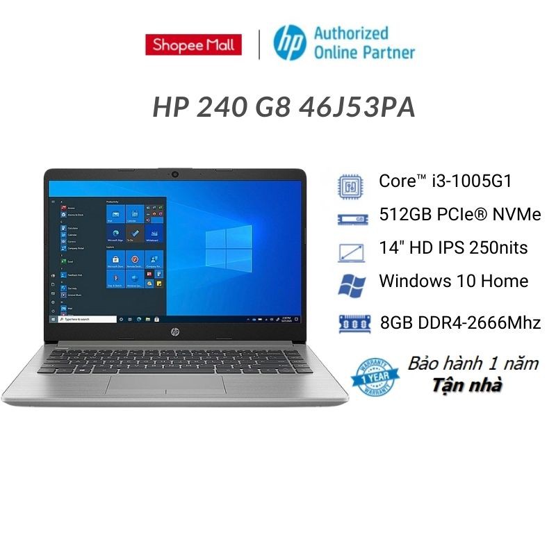 Laptop HP 240 G8 46J53PA (Core i3-1005G1 | 8GB | 512GB | 14.0 inch HD | Win 10 | Bạc)