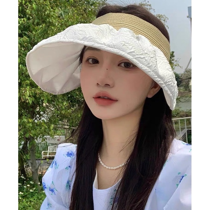 Mũ rộng vành thời trang KOMI nón nữ chống nắng nửa đầu chất cotton viền cói đẹp