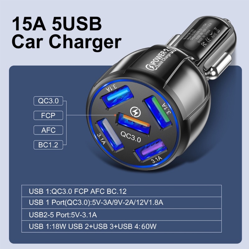 Bộ SạC Xe Hơi 5 CổNg QC3.0 USB Cho Note 20 / 10 S21 / 20 / 10