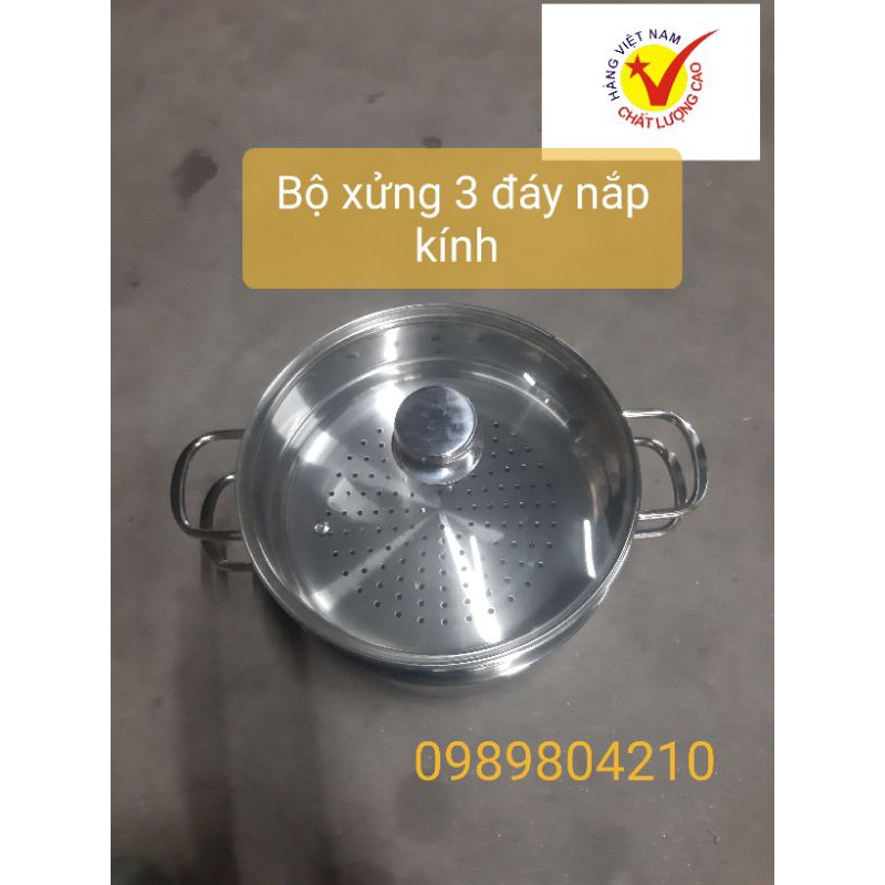 Bộ nồi xửng hấp inox ,xửng hấp inox 2 tầng 3 đáy nắp kính,nắp inox  VietCook đun bếp từ  size 24 chõ hấp xôi