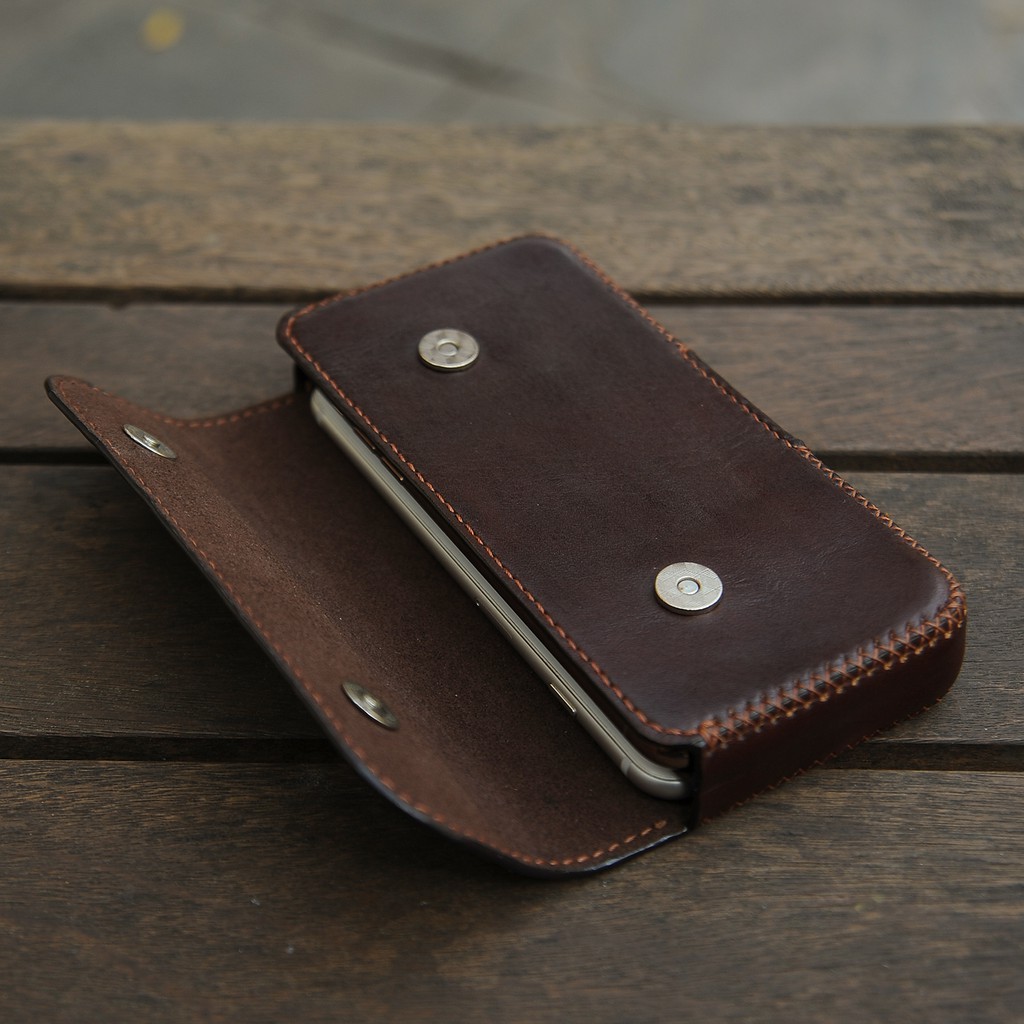 Bao điện thoại cho 2 máy smartphone - Bao da đeo hông handmade da bò thật - Màu nâu