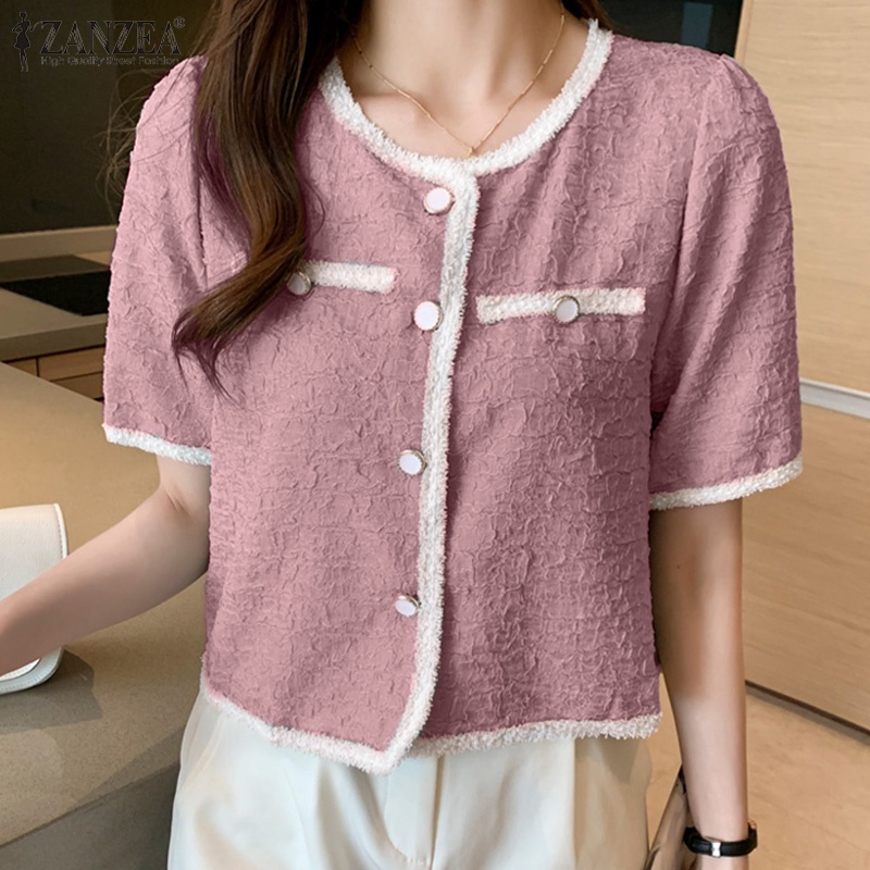Áo sơ mi ZANZEA ngắn tay cổ tròn phong cách Hàn Quốc cho nữ