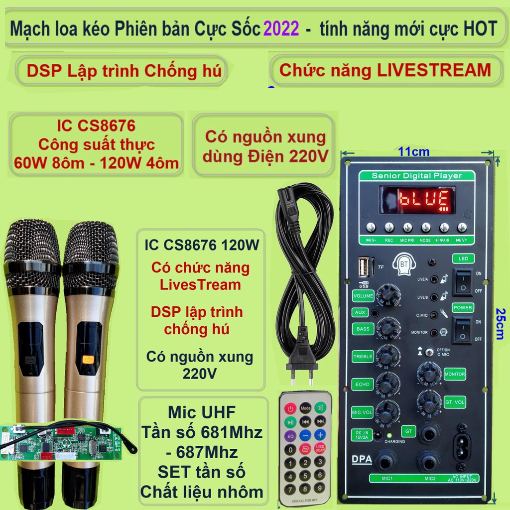 Mạch loa kéo 3 tấc đơn 3 đường tiếng LIVESTREAM DSP chống hú IC CS8676 120W nguồn xung 220V  và micro đôi