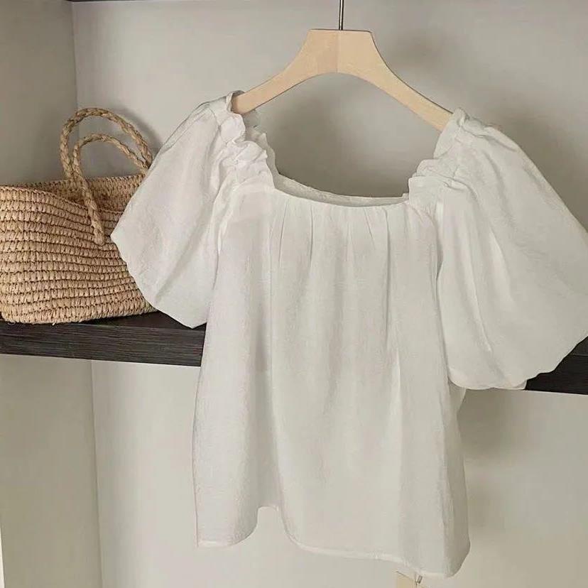 (SALE) Áo sơ mi tay ngắn cổ vuông freesize, Áo tay bồng che khuyết điểm tay to, 2 màu Trắng Đen