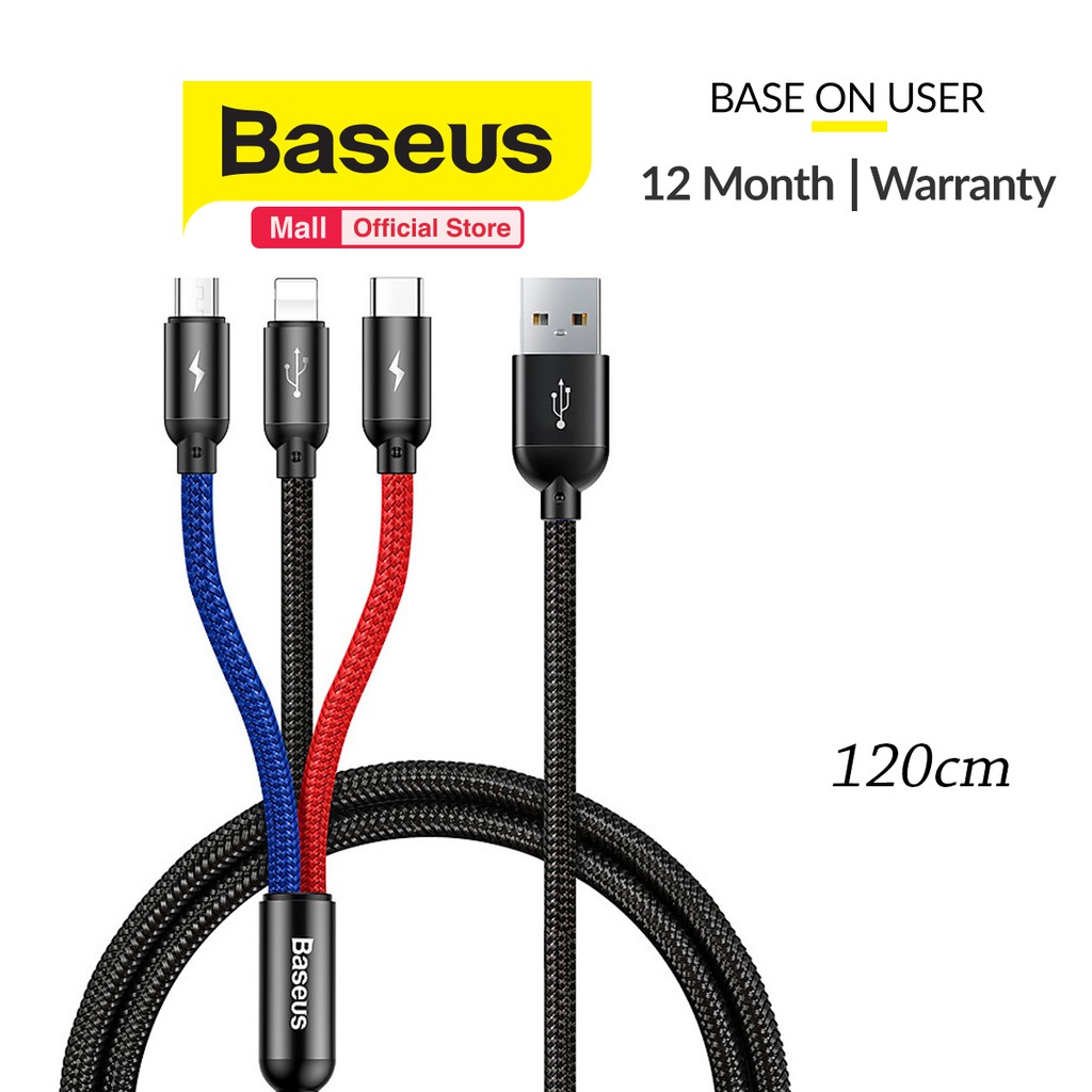 Cáp sạc Baseus Three Primary Colors sạc nhanh 3.5A ,3 đầu kết nối ( Type-C/Micro/Lightning ) dài 1,2m