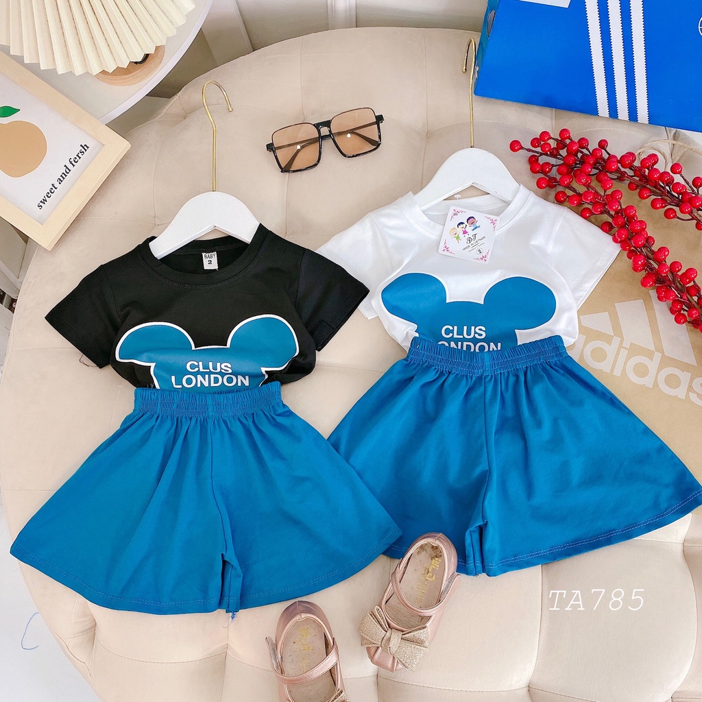 Bộ đồ cộc tay bé gái mùa hè hình mickey quần giả váy, bộ cotton mùa hè cho bé gái từ 8 -20kg