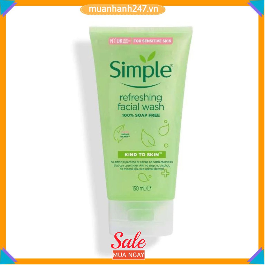 Sữa rửa mặt, Sữa rửa mặt dưỡng ẩm Simple Kind To Skin Refreshing Facial Wash Gel cho da nhạy cảm