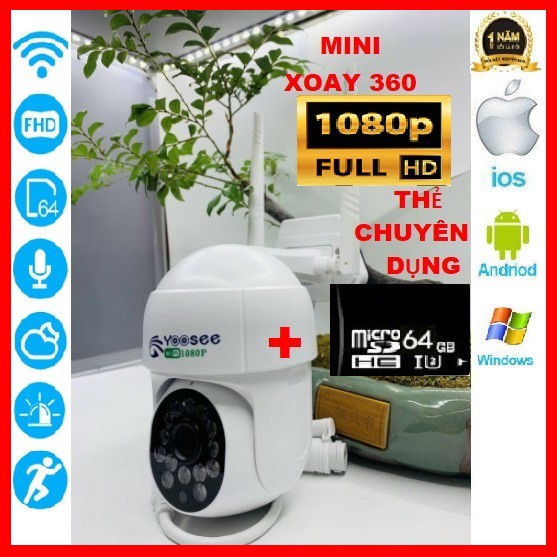 Camera Yoosee mini 360 quan sát ngoài trời PTZ 14 Led ban đêm có màu, hình ảnh FHD sắc nét, kèm thẻ nhớ 64GB