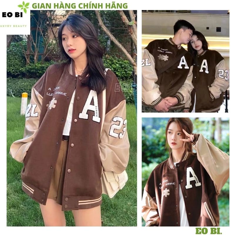 Áo khoác Bomber thể thao màu nâu thêu chữ A- Áo bóng chày jackit from rộng nam nữ UNISEX phối tay phong cách ulzzangEOBI