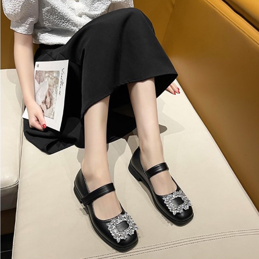 Hàng Quảng Châu - Giày búp bê mũi tròn đính đá vuông đế dẻo da mềm cho nữ - Mã G57