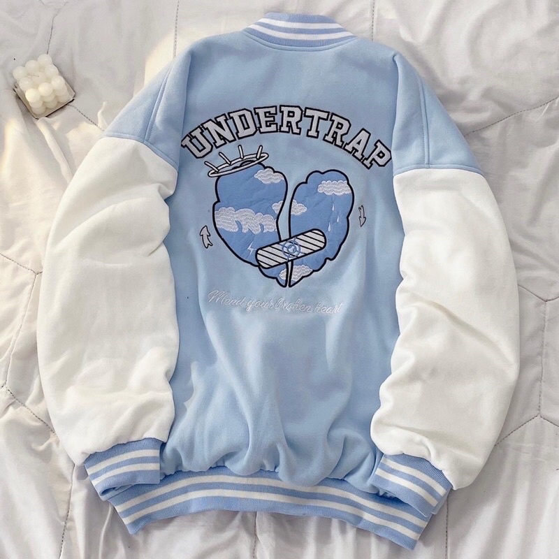 Áo Bomber nỉ Undertrap màu xanh unisex ✅ Miko Fashion ✅ Áo Khoác Ngoài 2 lớp Logo U thêu Xanh Dương Bo Thun Form Rộng.