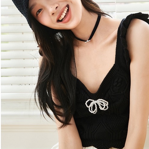 Áo Dệt Kim Hai Dây Cổ Chữ V Thắt Nơ Xinh Xắn Thời Trang