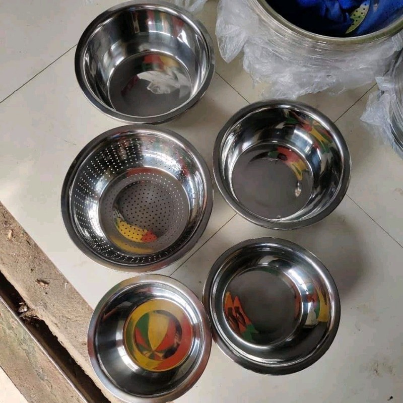 Set 5 Món Thau Rổ Inox 304 Không Gỉ, Dày Dặn Có Lỗ Thoát Nước Tiện Dụng