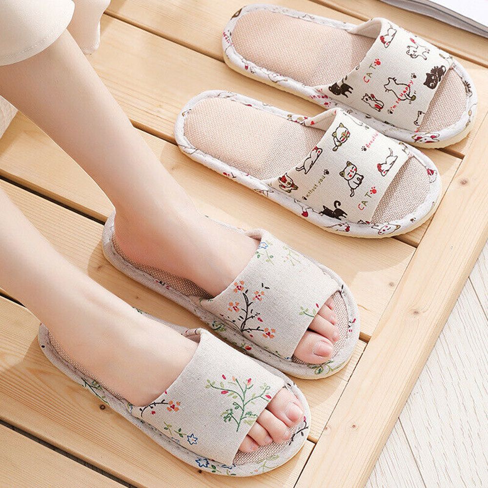 Dép Đi Trong Nhà Vải Lanh Mềm Mại Giữ Ấm Chống Trượt Họa Tiết Hoa Xinh Xắn Cho Cặp Đôi