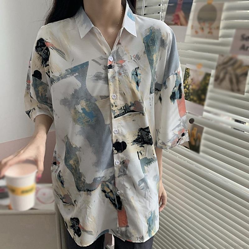 Áo Sơ Mi Voan Ngắn Tay Dáng Rộng In Họa Tiết Xinh Xắn Dành Cho Nữ