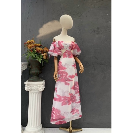 Đầm maxi loang tay phồng hồng cam xanh