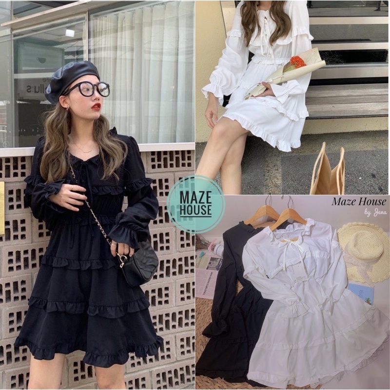 Váy viền tầng 💖 Hot Trend 💖 Đầm bánh bèo viền tầng 2 màu Đen, Trắng chất liệu đũi mềm phong cách Hàn Quốc - Maze House | BigBuy360 - bigbuy360.vn