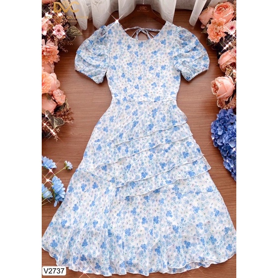 V2737 váy voan hoa xanh