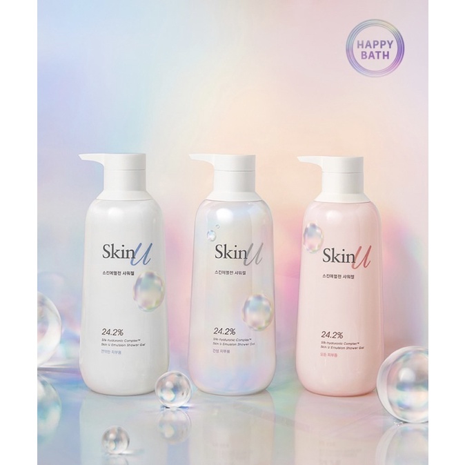 Chai 300ml Happy Bath Sữa tắm dưỡng thể Skin U Emulsion Shower Gel 24,2% dưỡng ẩm, sáng da Hàn Quốc