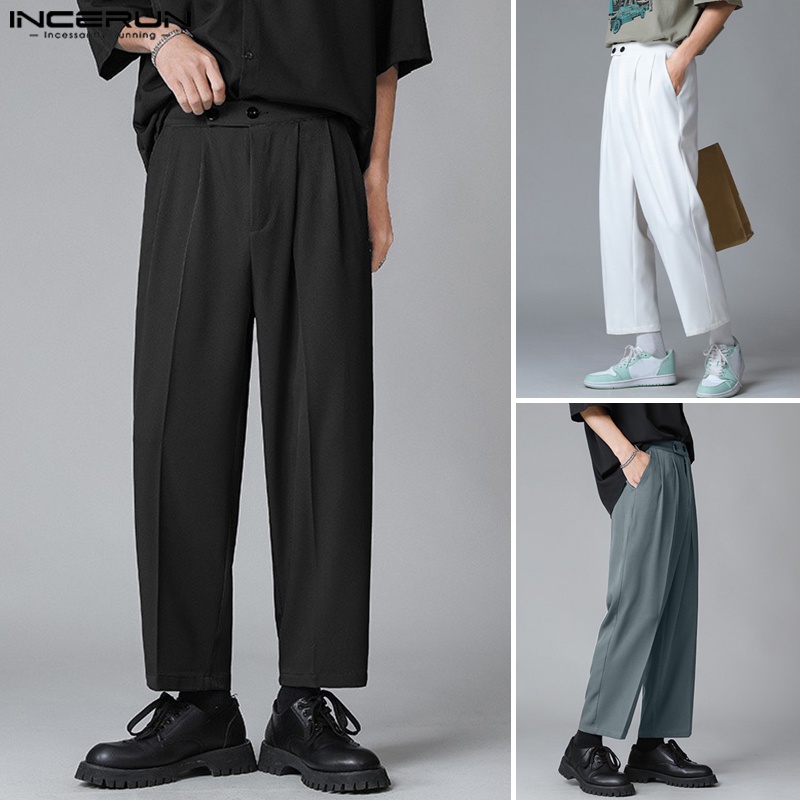 Quần baggy INCERUN lưng cao ống rộng màu trơn đơn giản cho nam size S-5XL