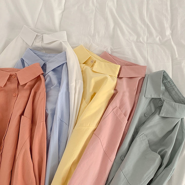 Áo sơ mi nữ tay dài màu trơn phong cách Hàn Quốc mới