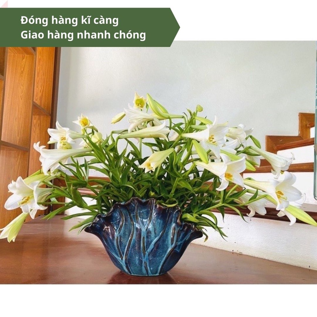 Lọ hoa gốm sứ Bát Tràng - Bình lá sen - Lọ cắm sen, cắm hoa  - Bình hoa gốm decor cao cấp - Tặng kèm miếng định hình