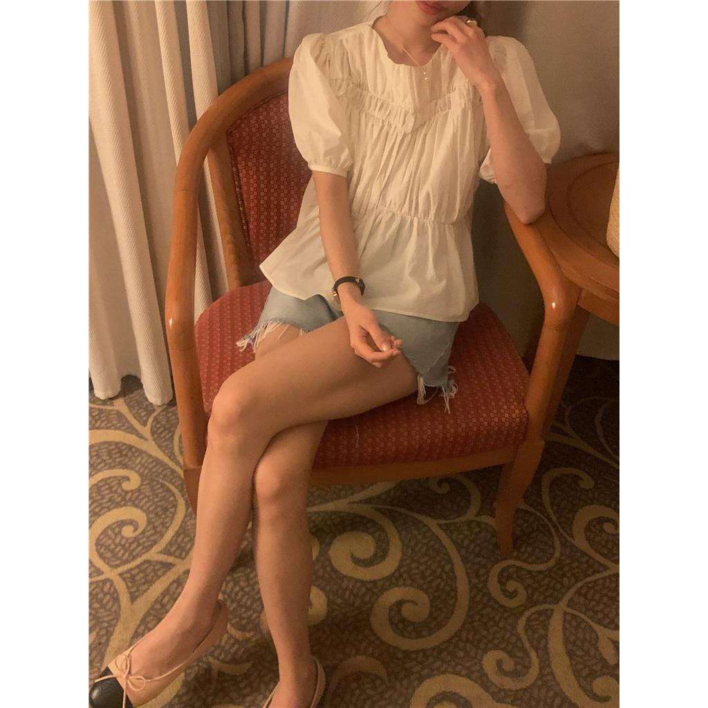 Áo Kiểu Tay Phồng Cổ Tròn Xếp Ly 2 Màu Phong Cách Pháp 62621