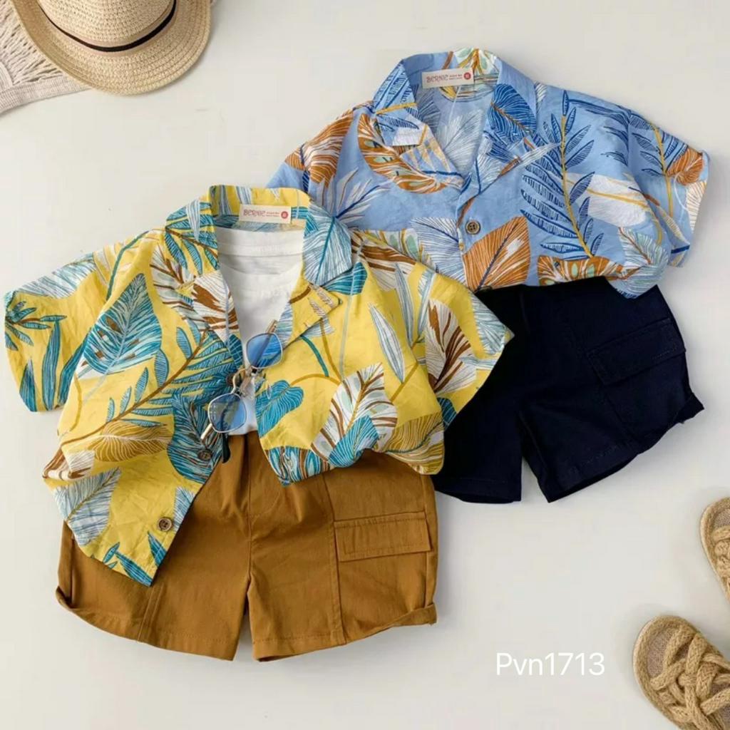 Quần áo bé trai, set bộ áo đũi lá phối short kaki 2 da xịn xò cho bé 8-26kg
