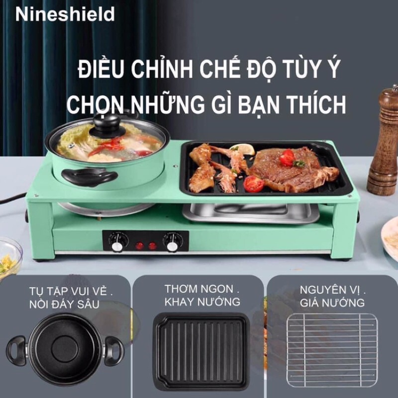 BẾP LẨU NƯỚNG NINESHIELD 2 TRONG 1 MODEL DKS -303 CÔNG SUẤT  2200w / NỒI CHIÊN SÂU LÒNG 18 CM TẶNG VỈ RÁO DẦU