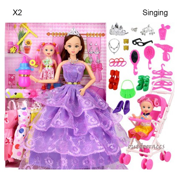 58PCS Barbie Doll Set with 6 Dress and 1 Baby Doll Cloth-replaceable Princess Play House Jointed Toy Kit for Girl Kids