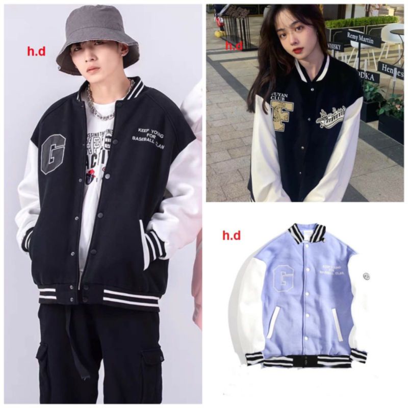 Áo khoác Bomber jacket Chữ G vs FChất nỉ dày dặn đẹp freesize 53kgphong cách hàn quốc nam nữ unisex