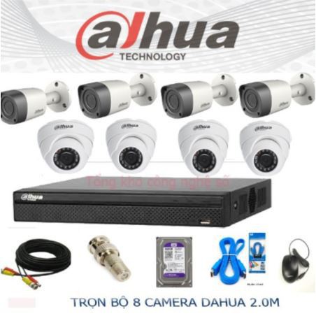 [SIÊU SALE] Trọn Bộ 8 Camera Quan Sát Dahua 2.0M Full HD 1080P đầy đủ phụ kiện lắp đặt kèm ổ cứng HDD tùy chọn