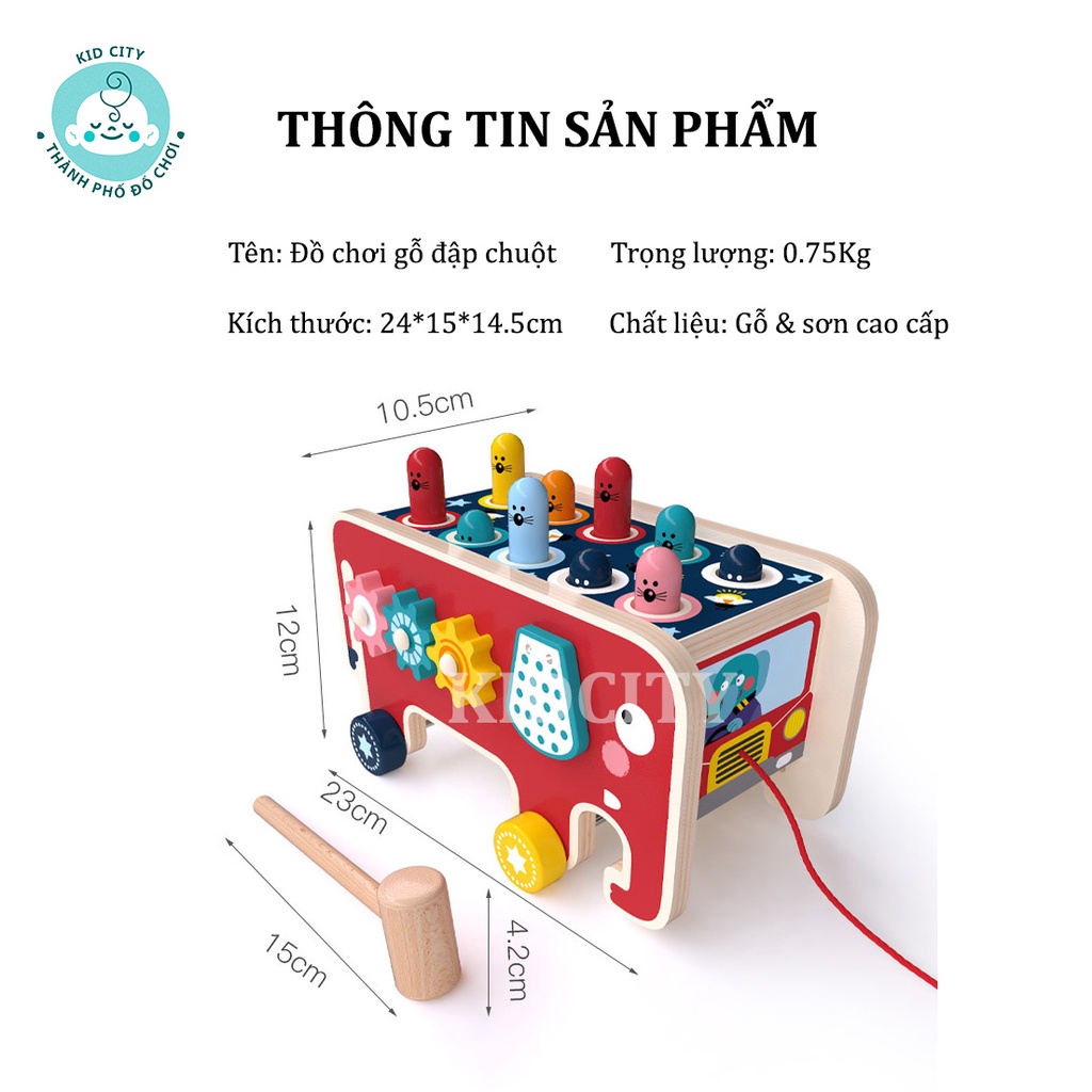 [Giá hủy diệt] Đồ chơi gỗ đập chuột hình con voi thông minh 3 IN 1 kèm đàn và bánh răng xoay 360 độ