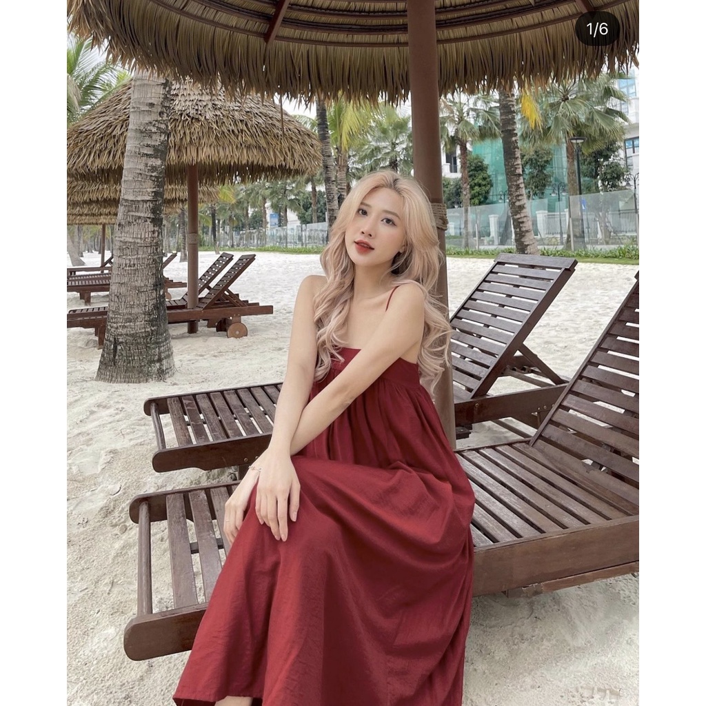Váy maxi babydoll 2 dây đi biển cực xinh chất đũi mềm mát màu đỏ tôn da V096