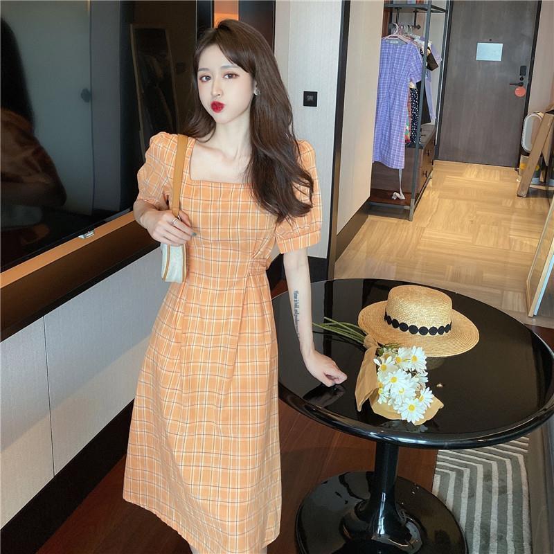New Snapping up&Summer2021New French Vintage Dress Temperament Square Collar Midi Dress Waist Trimming Short-Sleeved Plaid Dress for Women | BigBuy360 - bigbuy360.vn