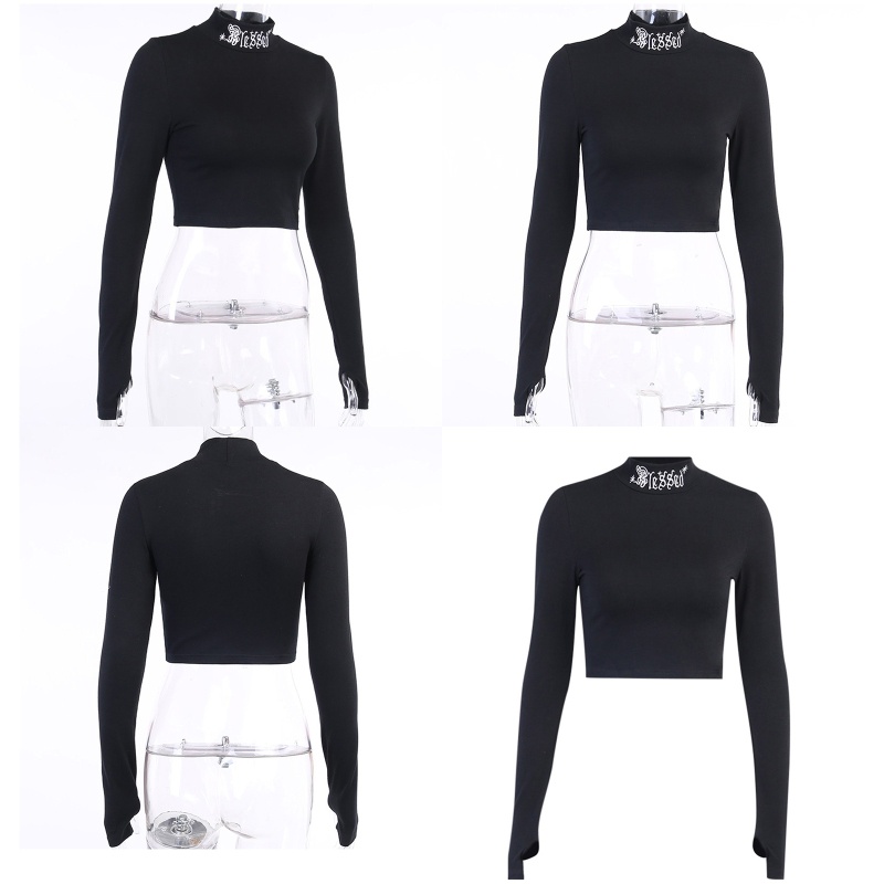 Áo Croptop Tay Dài Cổ Lọ Màu Đen Thêu Chữ Phong Cách Gothic