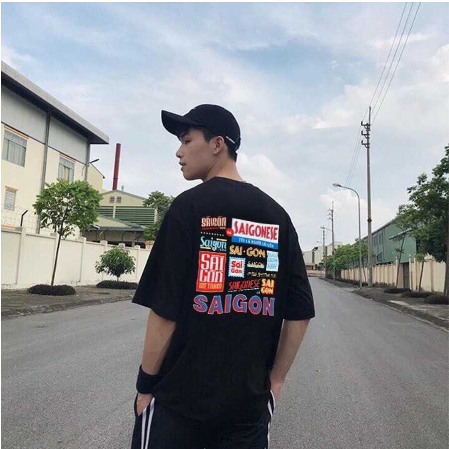 Áo thun Unisex tay lỡ FREESIZE &lt;75KG ÁO THUN IN HÌNH SÀI GÒN màu đen form rộng tay lỡ oversized By bear.story