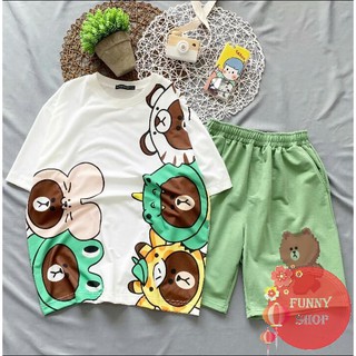 Set áo tay lỡ gấu Line + quần short hoạt hình xanh lá unisex