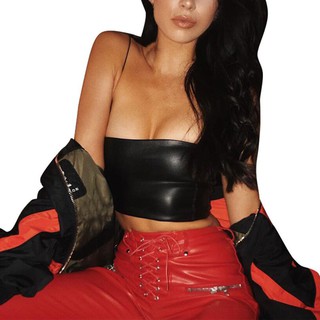 Áo crop top trễ vai chất liệu da