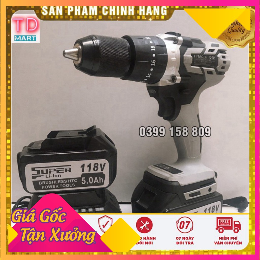 [ GIÁ HỦY DIỆT ]  Máy Khoan Pin HITACHI 118V Không Chổi Than, Pin 10CELL Tặng Mũi khoan bê tông và mũi vít