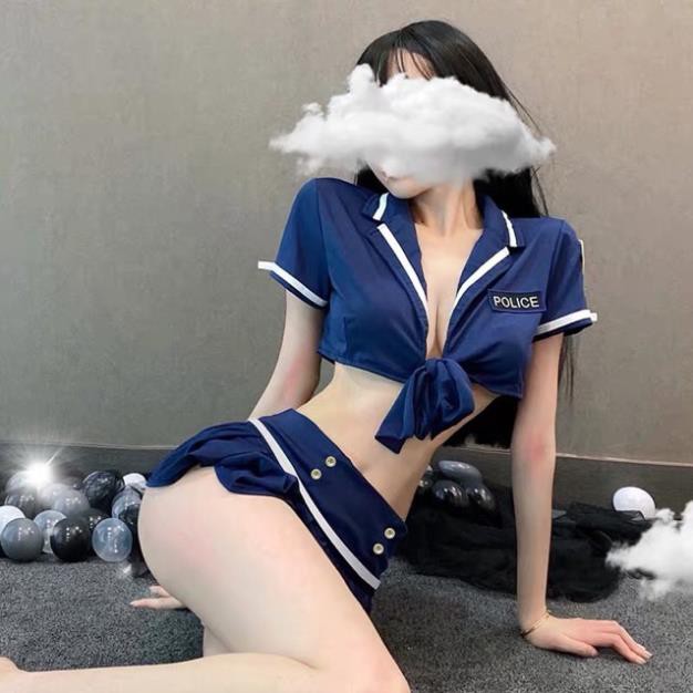 Bộ Đồ Ngủ Cosplay Sexy Tiếp Viên Gợi Cảm - P0lice Xanh - Đầm Ngủ Cosplay Cơ Trưởng Gồm Áo + chân Váy Xòe