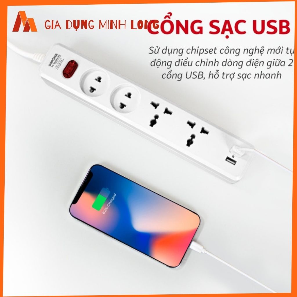 Ổ cắm điện SOPOKA 2 USB 27W 1200-2200W đa năng lõi sứ chống cháy 4U1-4U2 - Ổ cắm văn phòng, gia dụng an toàn tiện lợi