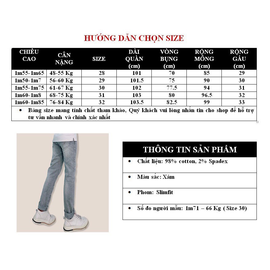 Quần Jean Nam GOZ Màu Xám Trắng, Phom Ôm, Trẻ Trung, Thanh Lịch, Co Giãn Tốt ,Size <84kg