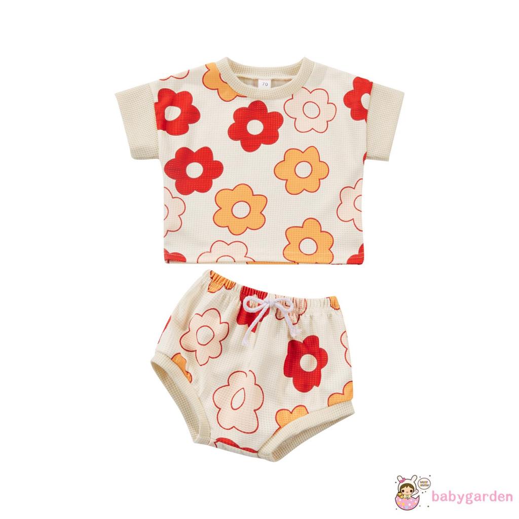 Set Áo Thun Ngắn Tay Cổ Tròn In Hoa + Quần Short Lưng Thun Thời Trang Mùa Hè Cho Bé Gái 0-24 Tháng Tuổi