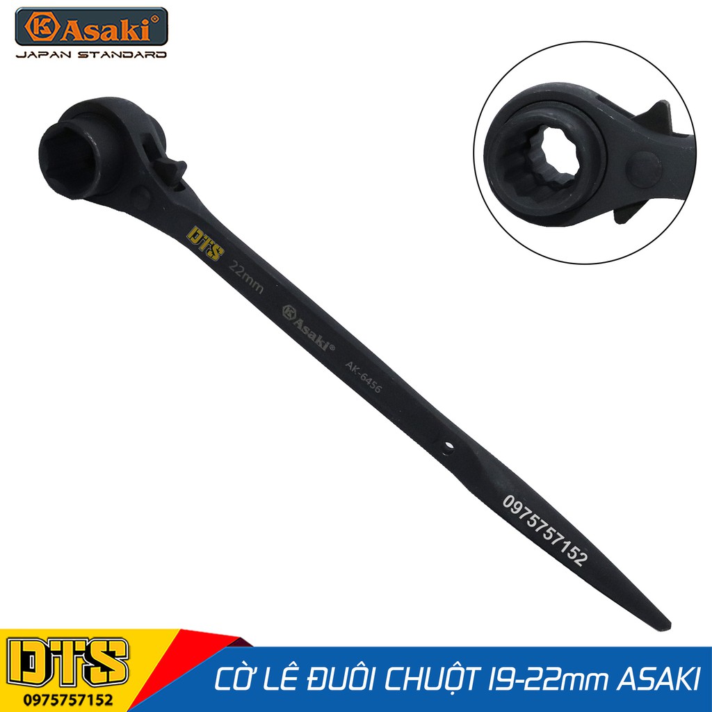 Cờ lê đuôi chuột cao cấp 19-22 mm Asaki AK-6451, cờ lê giàn giáo 2 đầu tự động thép Chrome Vanadium, công tắc đảo chiều