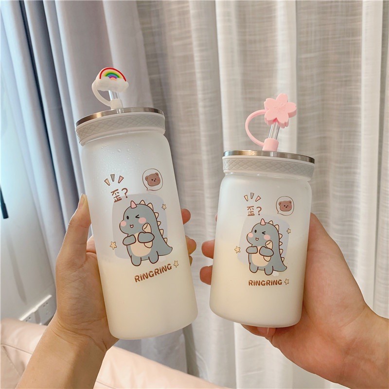 Cốc/Bình Thủy Tinh Đựng Nước Dày Kèm Ống Hút Họa Tiết Hoạt Hình Siêu Dễ Thương