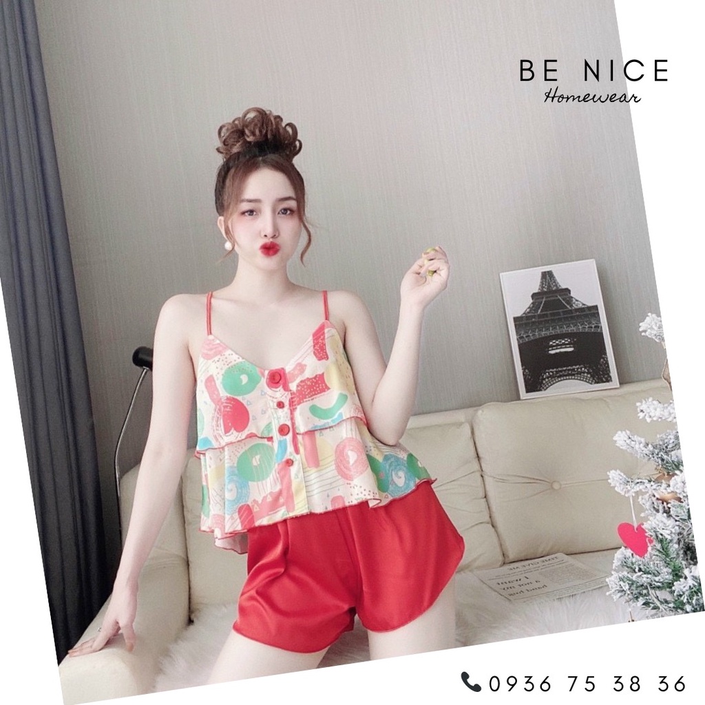Bộ lụa dây ngắn phối màu và họa tiết xinh xắn cho nàng nhà Be Nice Homewear