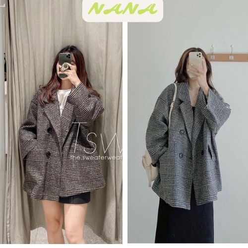 Áo khoác dạ kẻ thiết kế cúc cài / Áo blazer nữ form rộng dáng ngắn phong cách Hàn Quốc trẻ trung Nanashop