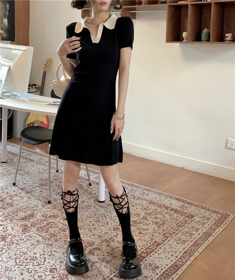Đầm Dệt Kim Màu Đen Cổ POLO Phong Cách Hàn Quốc Thời Trang Mùa Hè 54268